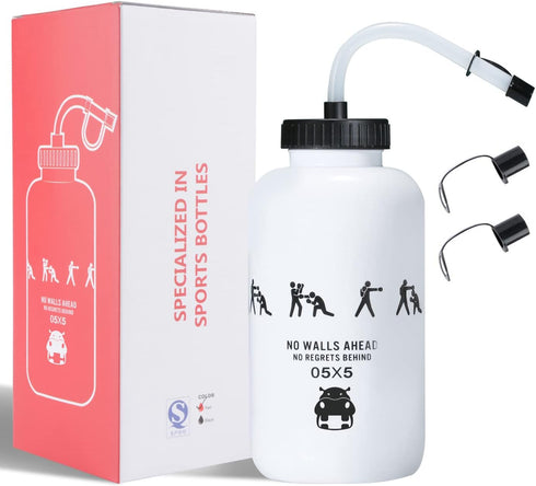 SHOKE Hockey Water Bottle with Long Straw, 1 Liter BPA Free Squeezable Water Bottle, 32 Oz-White