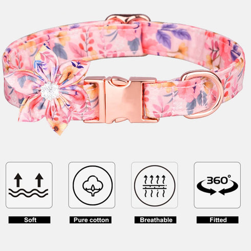 Dog Collar with Daisy Tie, 3 Patterns Soft & Comfy Flower Print Padded Pet Collars with Strong Metal Buckle for Boy and
