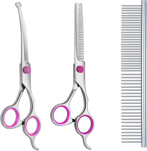 Maxshop Dog Grooming Scissors Set of 3, Heavy Duty Titanium Trimmer Kit with Safety Round Tips for Dogs and Cats (Pink)