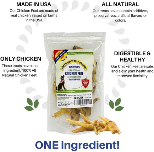 Green Butterfly Chicken Feet Dog Treats - 100% All Natural Dental Chews, Made in USA, 10 Pack, Rich in Glucosamine