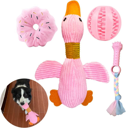 Large Goose Puppy Toys, Squeaky Crinkle Duck Dog Chew Toys for Small Medium Breeds, Puppy Teething Toys, Pink (4 Pack)