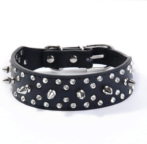 Stylish Rhinestones Dog Collar with Bullet Rivets, Soft and Adjustable Leather for Medium and Large Dogs, Black,