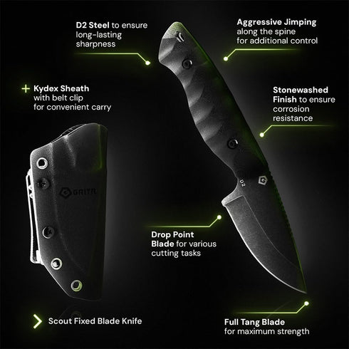 GRITR Scout Fixed Drop Point Blade Knife, Full Tang with Ambidextrous Kydex Belt Sheath for Outdoor Camping & Hiking