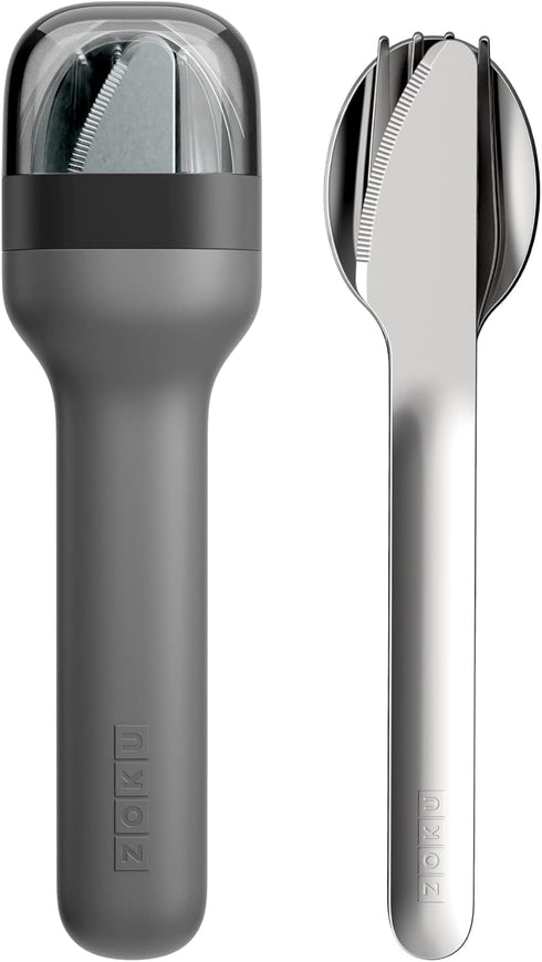ZOKU Pocket Utensil Set - Charcoal Stainless Steel Fork, Knife & Spoon Nest in Hygienic Case for Travel