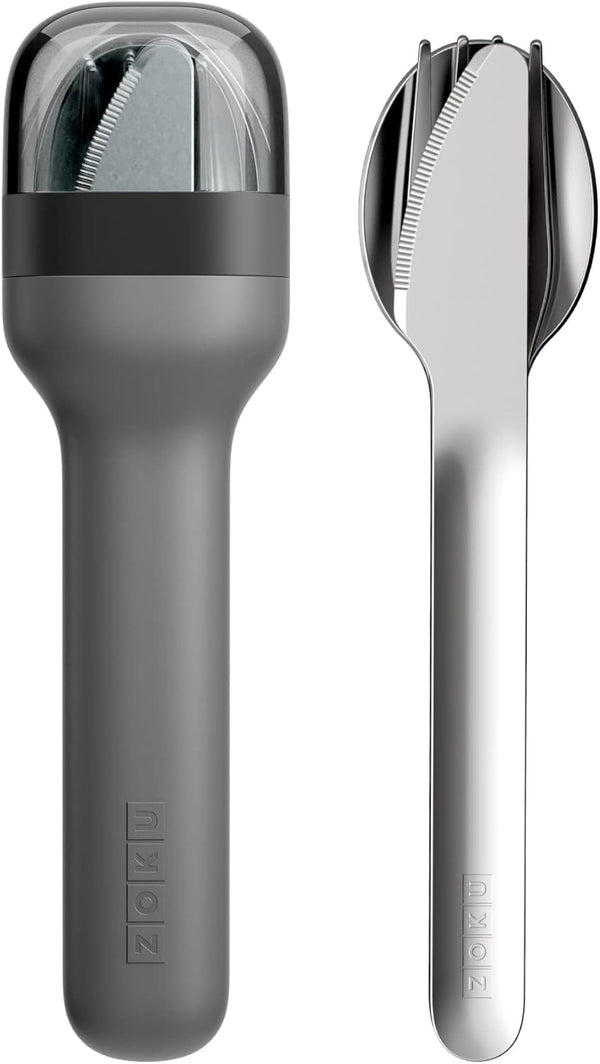 ZOKU Pocket Utensil Set - Charcoal Stainless Steel Fork, Knife & Spoon Nest in Hygienic Case for Travel