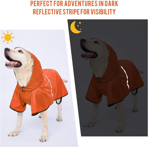 Dog Raincoat with Adjustable Belly Strap, Waterproof Slicker Hoodie with Reflective Strip for Medium Large Dogs -
