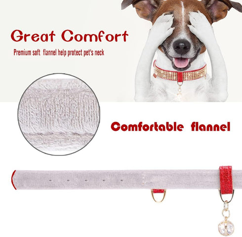 PetsHome Adjustable Cat and Dog Collar, Bling Rhinestones, Premium PU Leather with Pendant, Medium Red