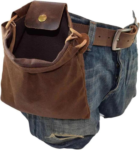 Foraging Bag Brown Waxed Canvas Collapsible Outdoor Camping Pouch, Water Resistant Leather Bushcraft Belt, Mushroom