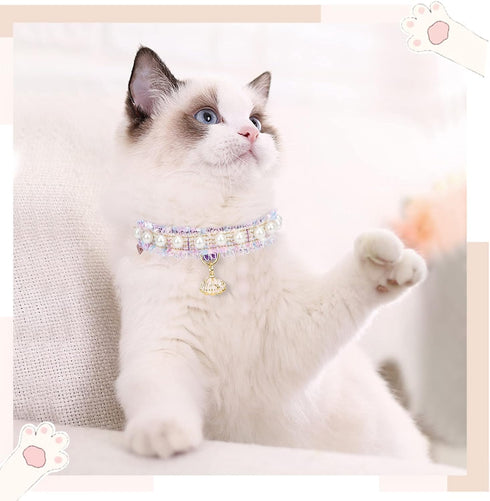 PetsHome Cat Dog Collar, Beautiful Lace Cute Pearl Premium PU Leather with Shell Pendant Adjustable for Small Dog and