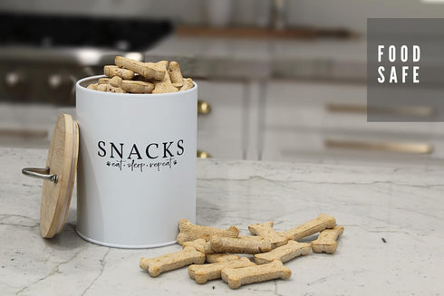White Pet Snack Container with Easy to Open Bamboo Lid, 70 oz Dog and Cat Treat Container
