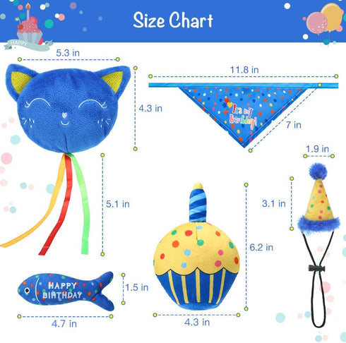 BINGPET Cat Birthday Catnip Toys, Cat Birthday Hat, Bandana and Cake Interactive Plush Kitten Chew Toys