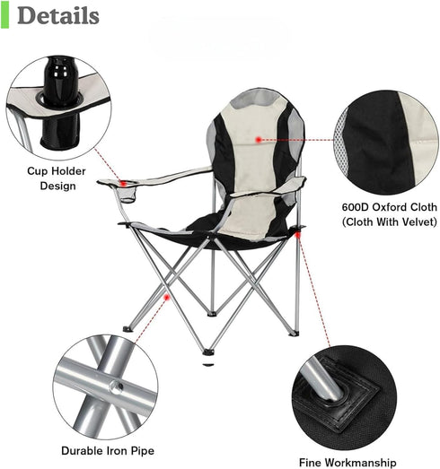 GODECOR 600D Portable Camping Chair with Back Support, Folding Outdoor Padded Lawn Chair with Cup Holder Storage