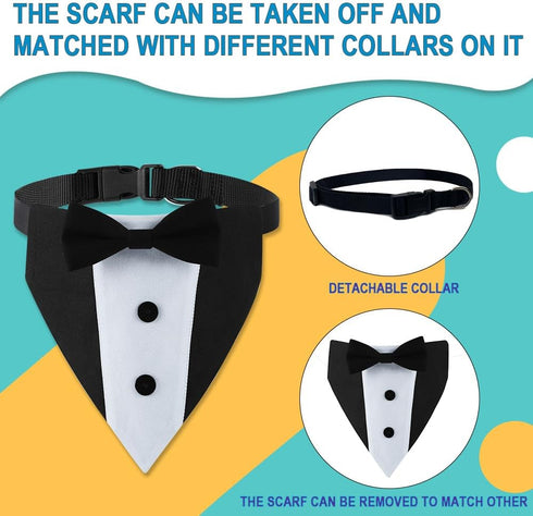 Adjustable Dog Tuxedo Bandana Collar with Bowtie for Small Medium Large Boy Dogs, Wedding Grooming Gift (Medium, Black)