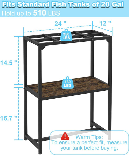 20 Gallon Black Fish Tank Stand, Upgraded Height Aquarium Table with 2 Tiers Storage Shelf, 510 LBS Capacity, 24" L x