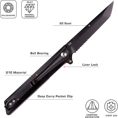 Tactical Pocket Knife GD22K, D2 Steel Tanto Folding Knife with Durable G10 Handle, EDC Knife for Men Women