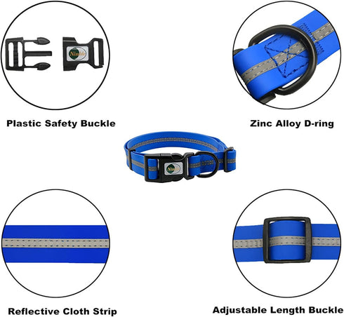 NIMBLE Dog Collar, Waterproof Adjustable PVC & Polyester with Reflective Cloth Stripe - Sizes S/M/L, Blue