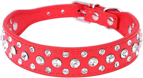 Dogs Kingdom Personalized Rhinestone Leather Bling Crystal Pet Collars for Small Medium Breeds, 12"-20" Length, Red