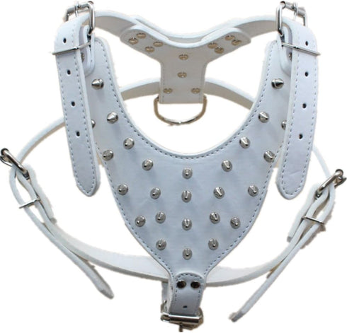Leather Spiked Studded Dog Collars, Harnesses & Chain Leashes - 3Pcs Matching Set for Pit Bull, Mastiff, Boxer