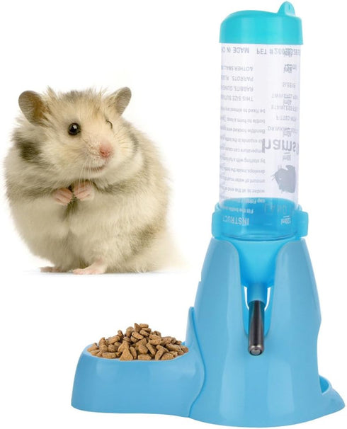 Guardians Hamster Water Bottle - Automatic Drinking Bottle with Food Container Base Hut - 125ml, Blue