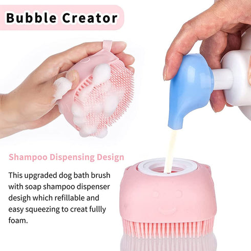 Soft Silicone Pet Bath Brush, Dog Shampoo Cleaning Brush with Soft Shampoo Dispenser for Puppy Dog Cat (Yellow)