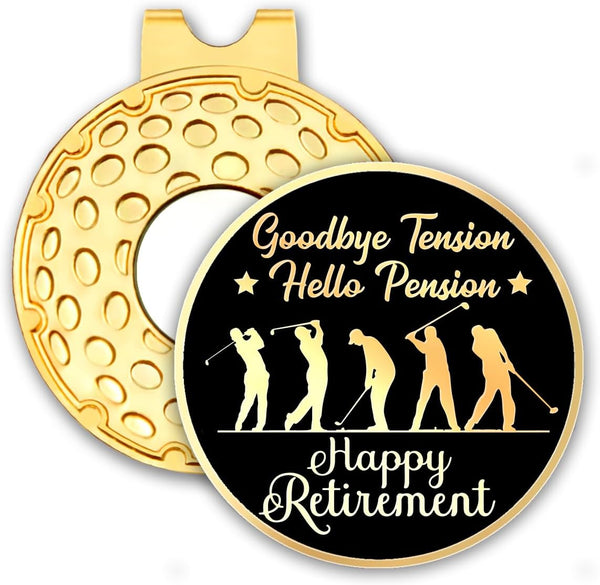 Happy Retirement Black Gold Golf Ball Marker with Hat Clip, Funny Accessories for Golf Fans