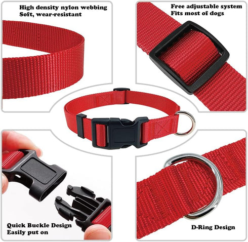 Red Adjustable Dog Collar, Basic Breathable Quick Release Nylon Collar for Puppy Small Medium Large Dogs