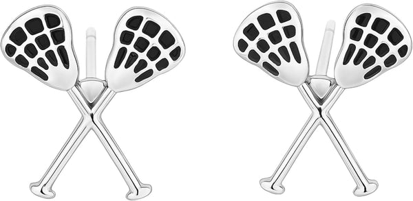 Silver Plated Lacrosse Stick Stud Earrings – Lightweight Hypoallergenic Sports Jewelry for Women, 1/2 Inch