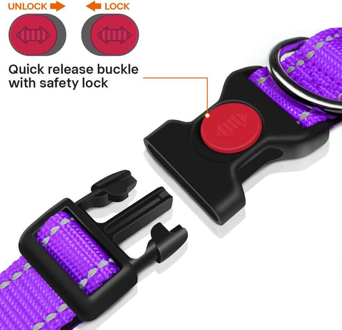 Taglory Reflective Dog Collar with Safety Locking Buckle, Adjustable Nylon for Puppy Dogs, XS, Purple