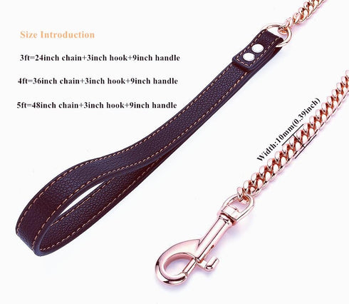 Rose Gold Dog Chain Leash, 10MM/14MM Curb Cuban Link, Strong Chew Proof Stainless Steel, 3FT/4FT/5FT (10mm, 5ft)