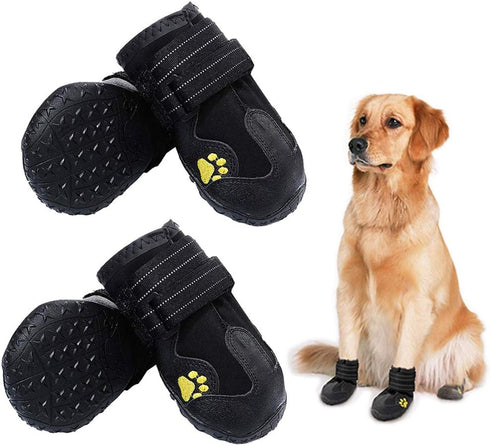 Waterproof Dog Boots, Outdoor Shoes for Medium to Large Dogs, Reflective Fastening Straps, Rugged Anti-Slip Sole (Black