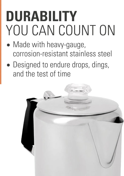 Backpacking, GSI Outdoors Percolator Coffee Pot I Glacier Stainless Steel with Silicone Handle for Camping, Travel, RV