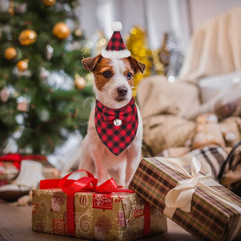 ADOGGYGO Christmas Dog Bandana Hat Bow tie Set - Classic Plaid Pet Scarf Dog Christmas Costume Decoration Accessories for Small Dogs Cats Pets (Small, Red)