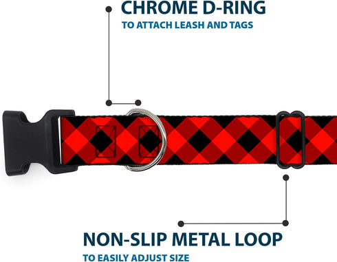 Buckle-Down Plastic Clip Collar - Diagonal Buffalo Plaid Black/Red, 1" Wide, Fits 9-15" Neck, Small