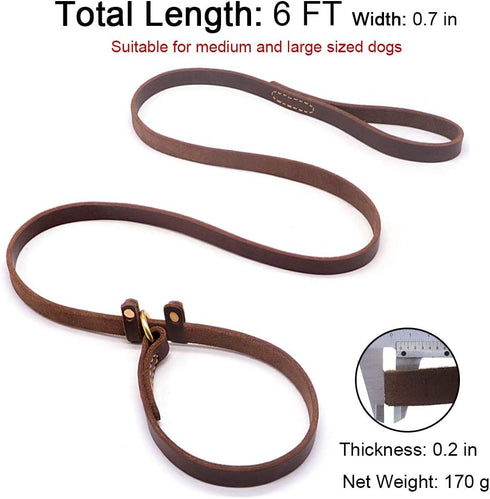 Real Leather Slip Lead Dog Leash - Soft Adjustable Pet Slip Leads, Heavy Duty Flat Training Leash, 6ft Brown