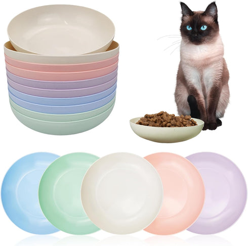 10 Pieces Whisker Fatigue Cat Bowls, 5.7 Inch Shallow Dishes for Food and Water, Wheat Straw Cat Dishes (10Pcs, Round)