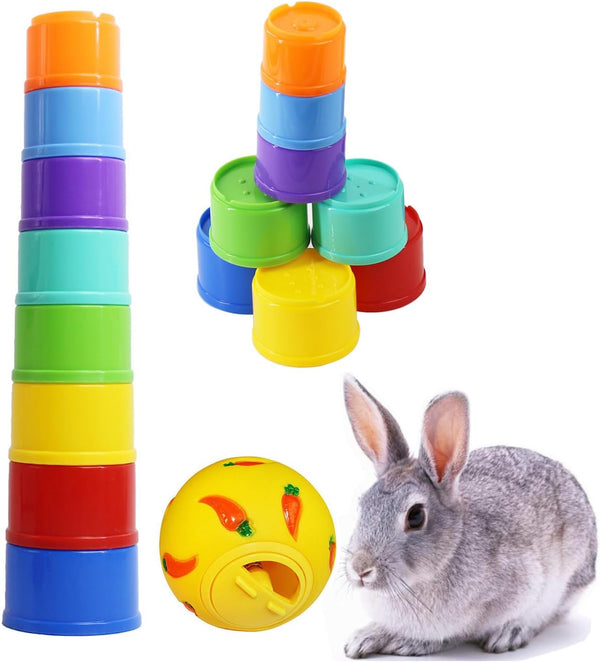 PKEAFC 9 Pack Rabbit Stacking Cups and Bunny Treats Balls Multi-Colored Bunny Stacking