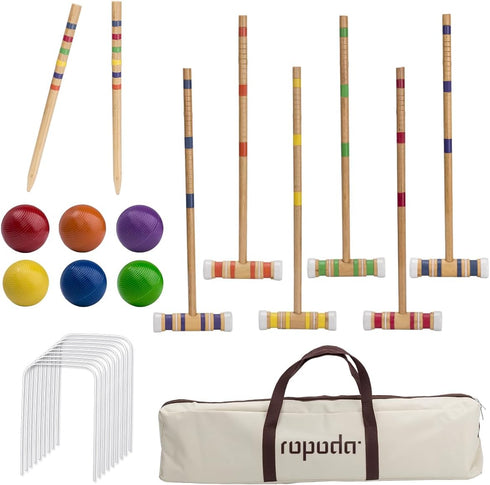 ropoda Six-Player Croquet Set with Wooden Mallets, Colored Balls, Sturdy Carrying Bag