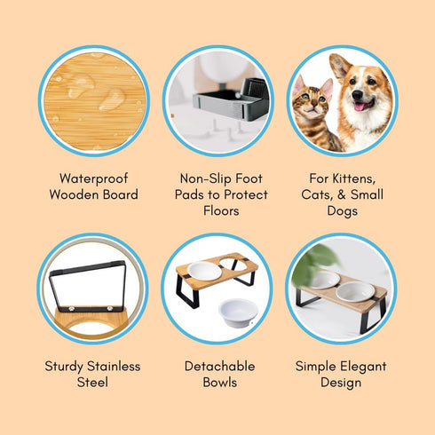 Elevated Cat Ceramic Bowls Stand for Food & Water, Anti-Vomit, Tilted Feeding Position, Bamboo Body Stand