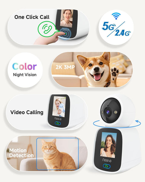 Noorio 5G 2K 360 2.4 Inch CL200 Two Way Video Calling Camera, One Click Call Pet Camera with Phone App, PTZ Dog Cam