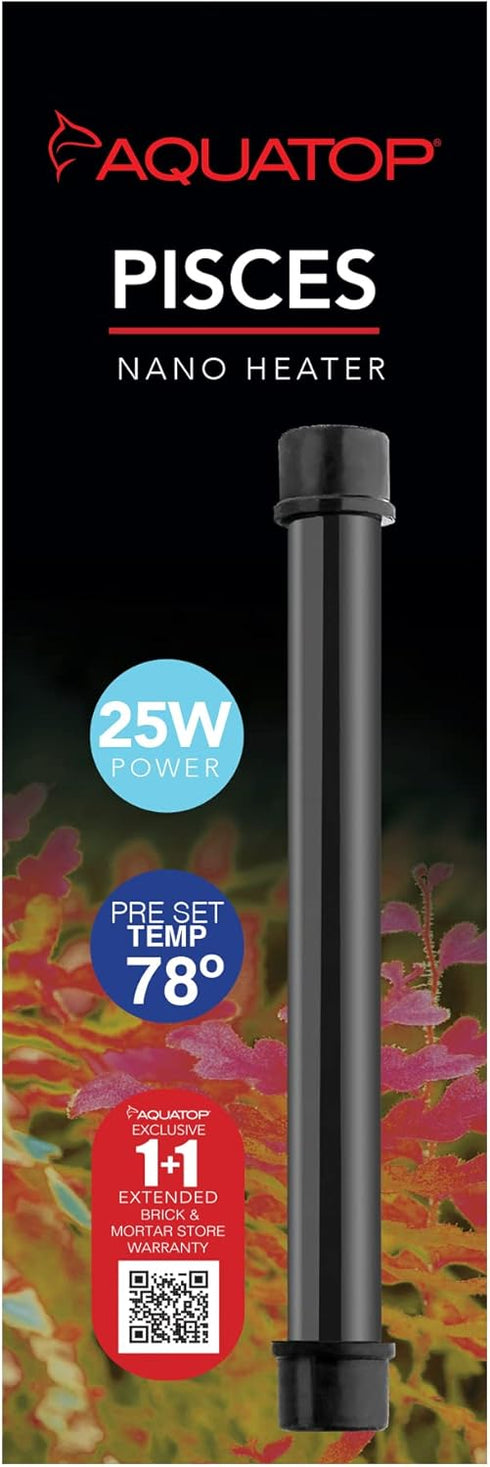 Aquatop 25W Pisces Nano Heater, Fully Submersible for Nano Fish Tanks Up to 8 Gallons, Preset 78F Thermostat