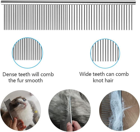Dog Combs for Grooming, 2 Pack Metal Comb with Rounded Teeth, Stainless Steel Cat Comb for Removing Tangles and Knots