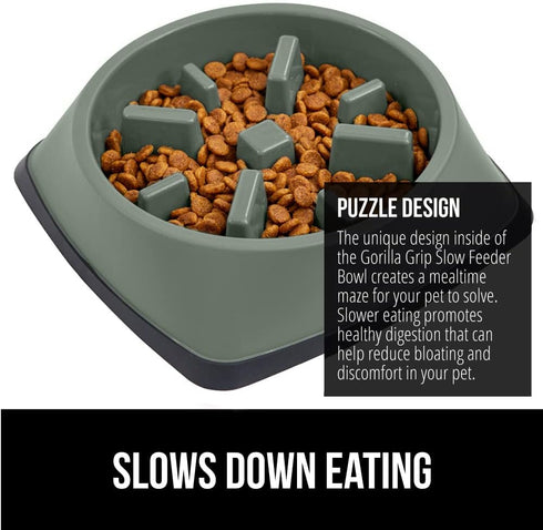 Gorilla Grip Slow Feeder Dog and Cat Bowls - Interactive Puzzle Toy, 1 Cup Sage Green, BPA Free