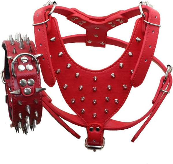 PU Leather Spiked Studded Dog Collars & Harnesses 2Pcs Matching Set for Medium & Large Dogs (Red, M)