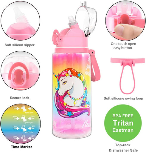Home Tune 23oz Kids Water Drinking Bottle, Tritan BPA Free, Unicorn, Leak-Proof Time Marker Water Bottle