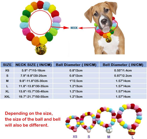 Pom Pom Dog Collar, Elastic Cat Collar with Decorative Plush Ball, Eye-catching Necklace with Bell for Pets (XXL, Red