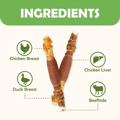 MON2SUN 5 Inch 21.16 Oz (30 Count-Pack 1) Dog Treats, Triple Flavor Chicken Liver Duck and Chicken Wrapped Rawhide