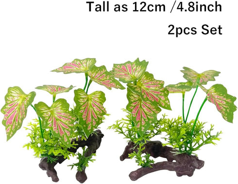 Smoothedo-Pets Aquarium Plants, 2pcs Plastic Artificial Fish Tank Decorations (Rainforest Leaf-Pink-Small-Set)