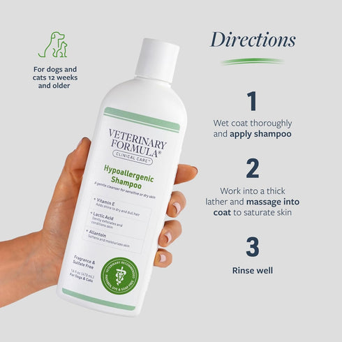 16 oz Veterinary Formula Clinical Care Hypoallergenic Shampoo for Dogs and Cats, No Harsh Ingredients Fragrance-Free