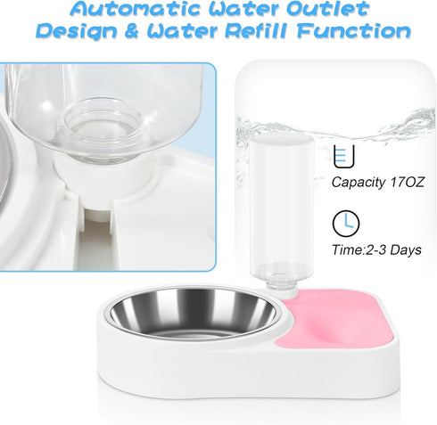 Double Dog Cat Bowls, 6.9" Dia Food Bowl and 11.6" L Water Bowl with Automatic Water Dispenser, Stainless Steel for