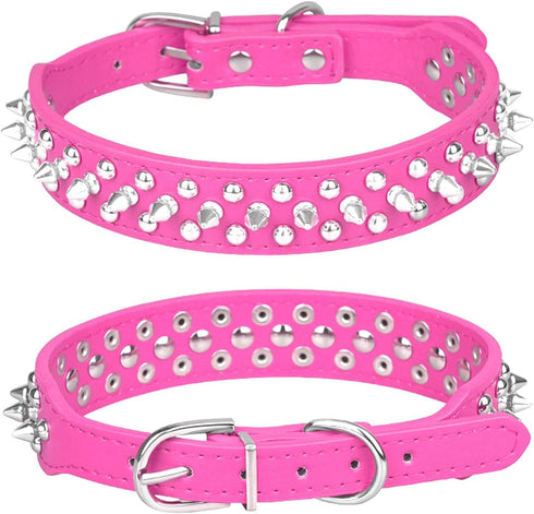 Adjustable Spiked Dog Collar, Mushrooms Rivet Studded PU Leather for Cats and Puppy Dogs (M, Hot Pink)